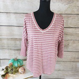 0 + 0 MAROON & WHITE 3/4 SLEEVE V-NECK TOP - SMALL